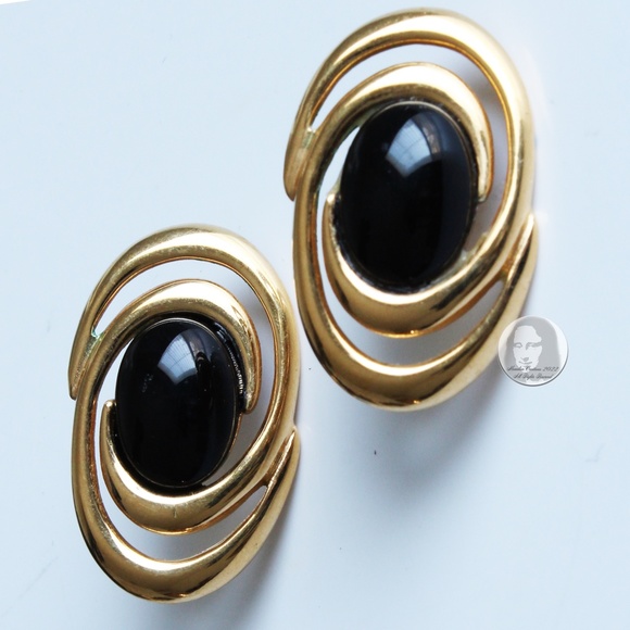 Vintage Napier Earrings Gold Metal Black Abstract Swirl Onyx Black Stones 80s - Picture 4 of 5